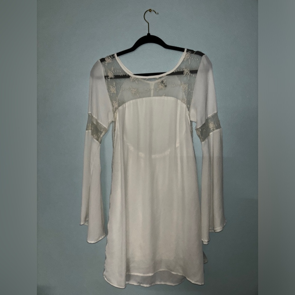 Lovemarks Womens Off White Lace Chiffon Back Slit Tunic Mini Dress